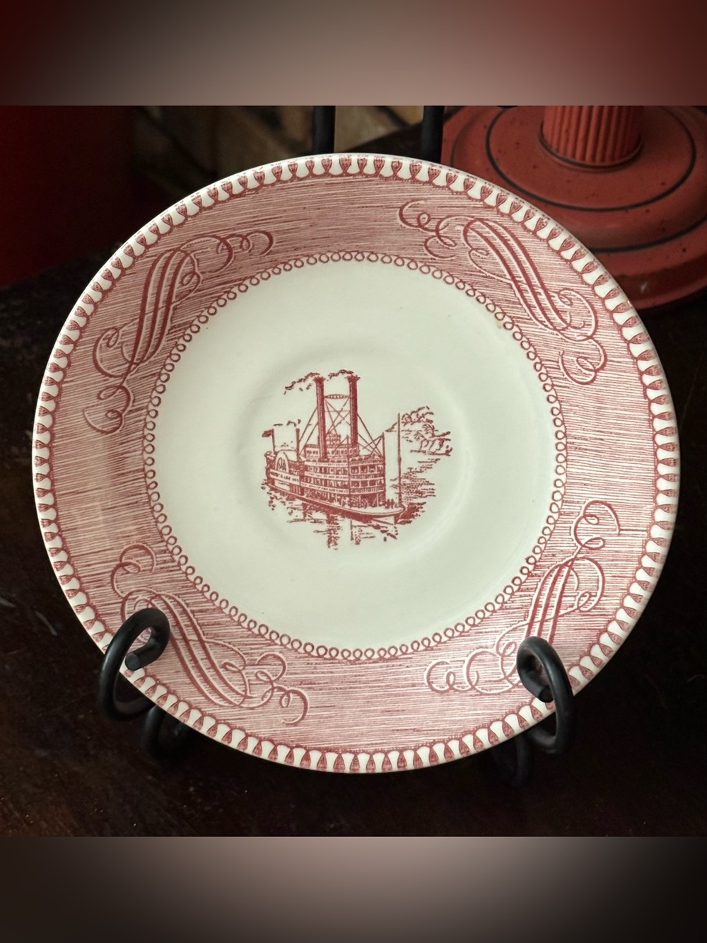 Vintage Mid-Century Currier & Ives Red Transferware Saucer